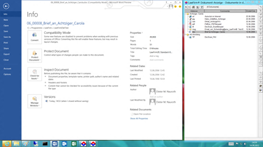 Office 2013 - Backstage Ansicht (Datei Info Seite) aus den Anwaltssoftware LawFirm Labortests
