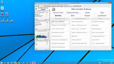 Windows® 10 Kanzleisoftware Labortests - Windows 10 Desktop-Oberfläche mit LawFirm® Professional Hauptübersicht in modernem Design (Schaltflächen für Touch- / Mobil-Geräte)