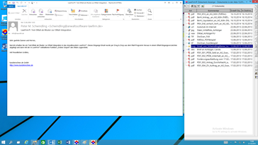 Windows® 10 Anwaltssoftware Labortests - LawFirm® Professional - Dokument Anzeige im Dokumenten-Viewer: hier eine per Drag & Drop in die Akten übernommene E-Mail aus Microsoft Outlook 2013 (Elektronische Akte, E-Akte, Dokumentenmanagement, DMS)